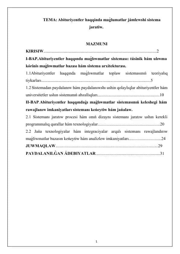 Abituriyentler haqqında maǵlumatlar jámlewshi sistema