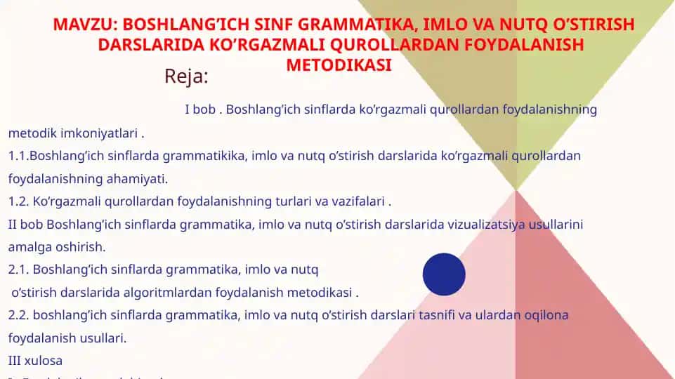 Boshlang’ich sinf grammatika, imlo va nutq darslari da ko’rgazmalik urollardan foydalanish metodikasi