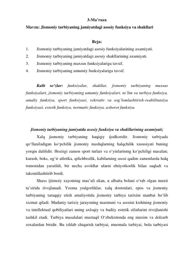 Jismoniy tarbiyaning jamiyatdagi asosiy funksiya va shakllari