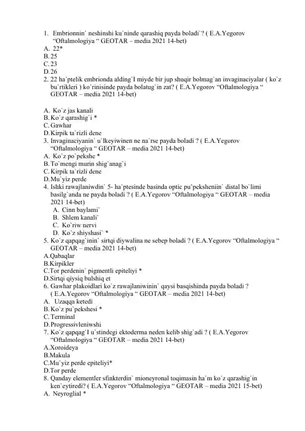 Embriologiya fanidan test savollari