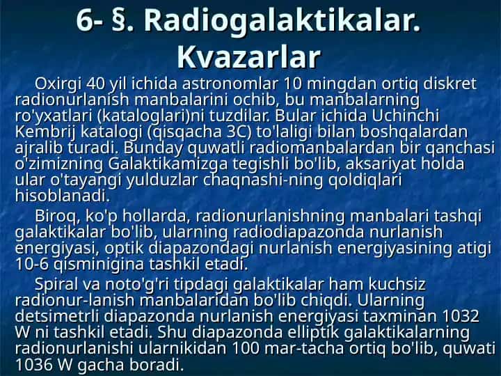 Radiogalaktikalar. Kvazarlar