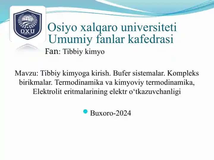 Tibbiy Kimyo Fanidan Ma'ruzalar Kitobi