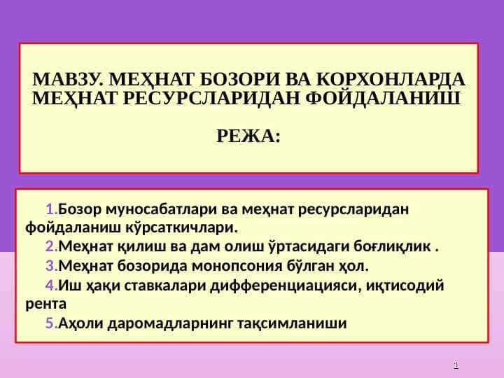 Mehnat bozori va korxonalarda mehnat resurslaridan foydalanish