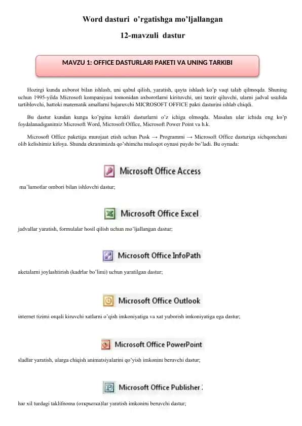 Microsoft Word va office dasturlarini o'rgativ uchun qo'llanma