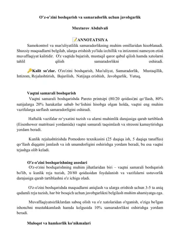 O'z-o'zini boshqarish va samaradorlik uchun javobgarlik