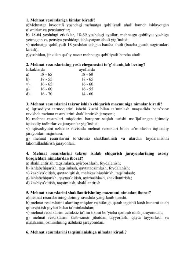 Mehnat Resurslarining Ishlab Chiqarilishi va Ulardan Foydalanish