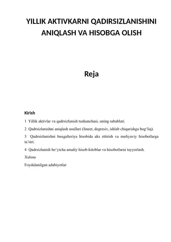 YILLIK AKTIVKARNI QADIRSIZLANISHINI ANIQLASH VA HISOBGA OLISH