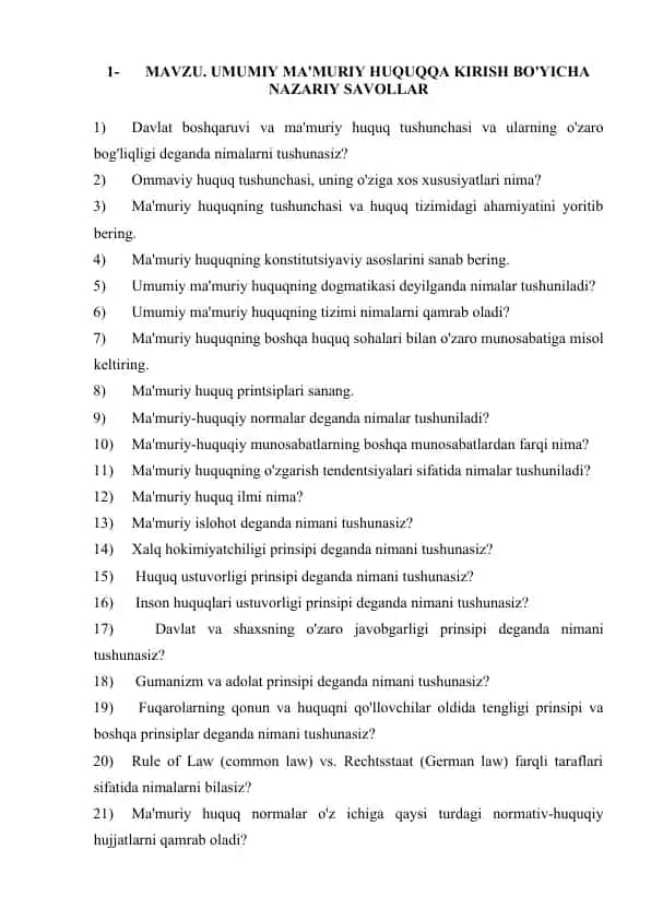 Umumiy Ma'muriy Huquqqa Kirish Bo'yicha Nazariy Savollar