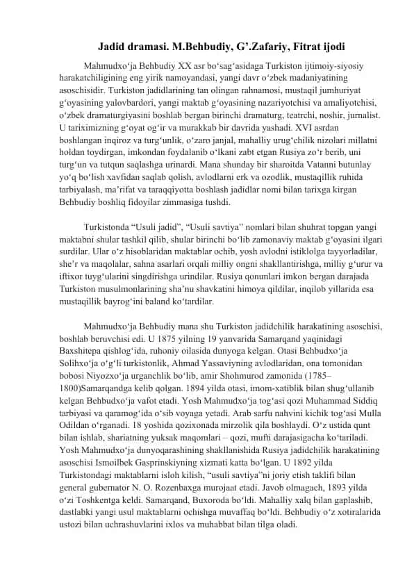 Jadid dramasi. M.Behbudiy, G’.Zafariy, Fitrat ijodi