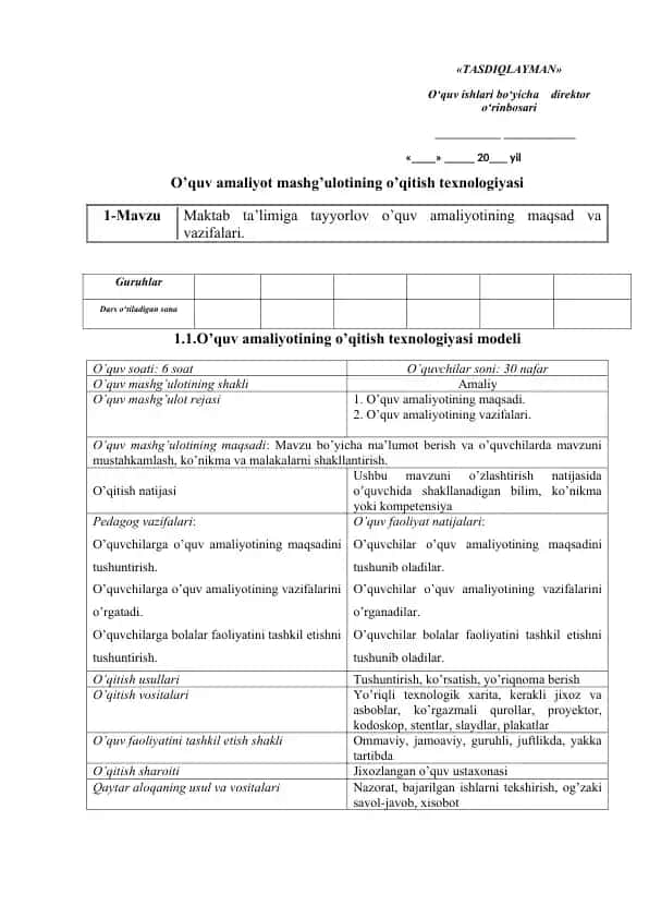 O'quv amaliyotining o’qitish texnologiyasi