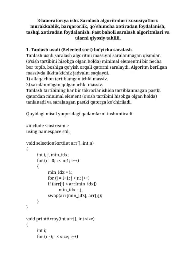 Saralash algoritmlari xususiyatlari