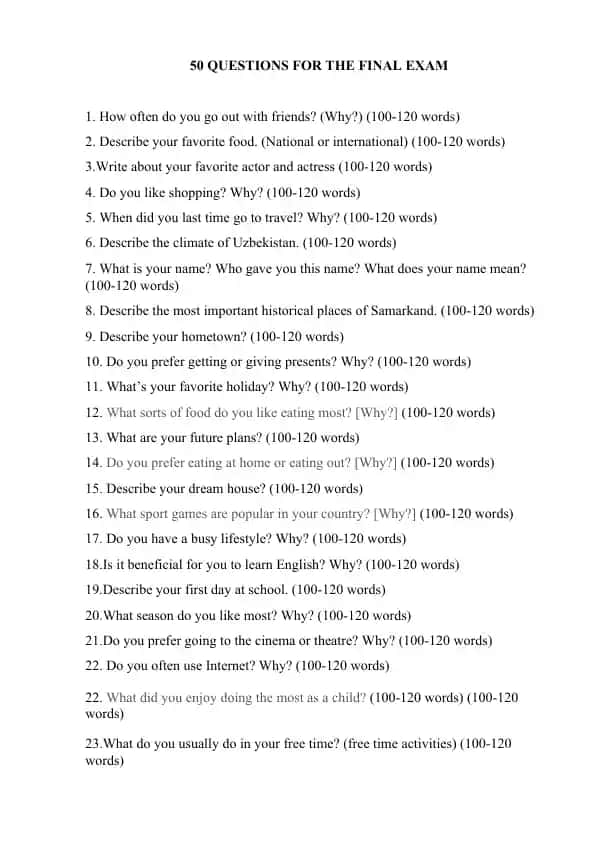 50 QUESTIONS FOR THE FINAL EXAM