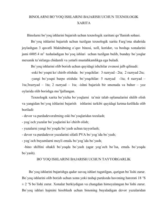 Binolarni Bo’yoq Ishlarini Bajarish uchun Texnologik Xarita