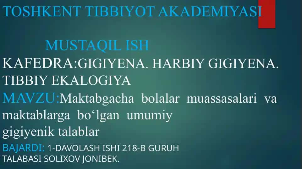 Maktabgacha O'quvchilar Gigiyena