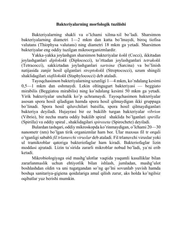 Bakteriyalarning mоrfоlоgik tuzilishi