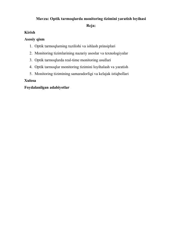 Optik tarmoqlarda monitoring tizimini yaratish loyihasi