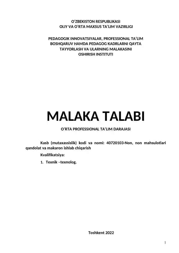 40720103-Non, non mahsulotlari qandolat va makaron ishlab chiqarish