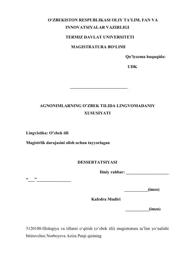 AGNONIMLARNING O’ZBEK TILIDA LINGVOMADANIY XUSUSIYATI