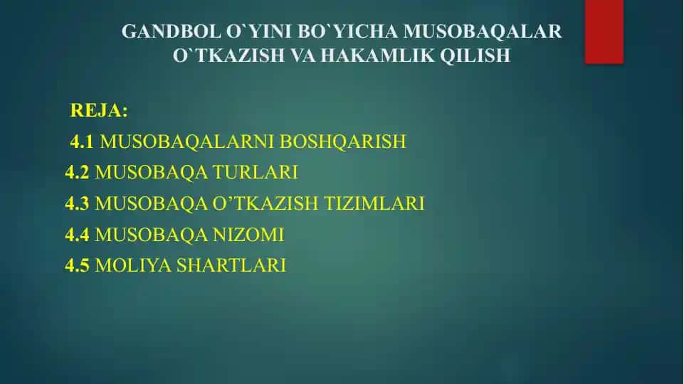 GANDBOL O`YINI BO`YICHA MUSOBAQALAR O`TKAZISH VA HAKAMLIK QILISH