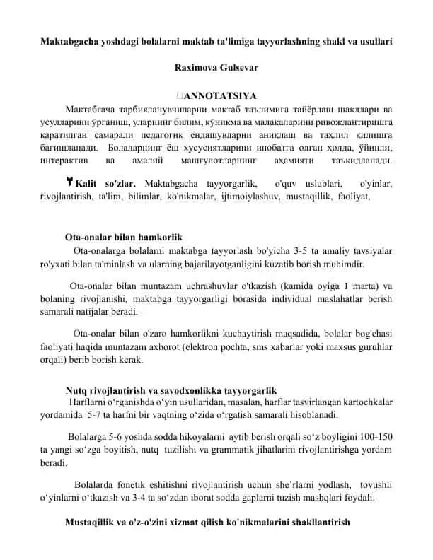 Maktabgacha yoshdagi bolalarni maktab ta'limiga tayyorlashning shakl va usullari