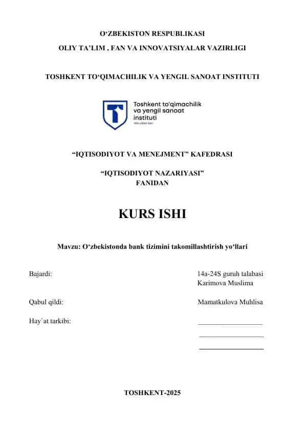 Oʻzbekistonda bank tizimini takomillashtirish yoʻllari
