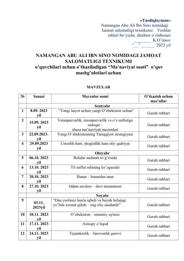 Ma'naviyat soati mavzulari
