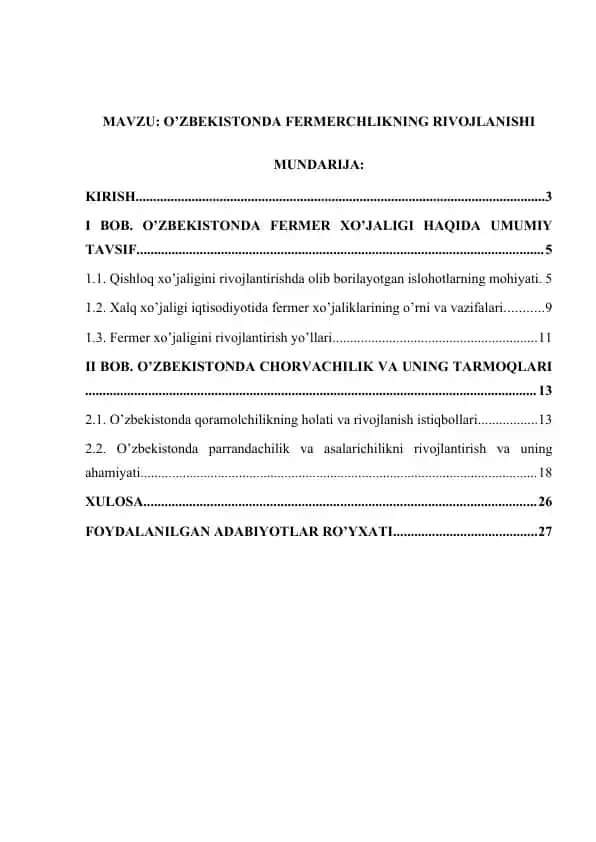 O’ZBEKISTONDA FERMERCHLIKNING RIVOJLANISHI