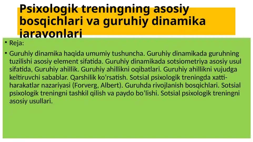 Psixologik treningning asosiy bosqichlari va guruhiy dinamikasi