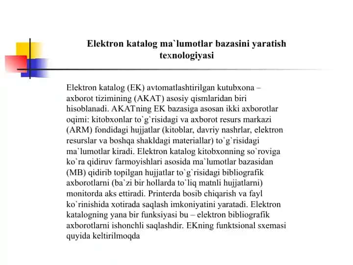 Elektron katalog ma'lumotlar bazasini yaratish texnologiyasi