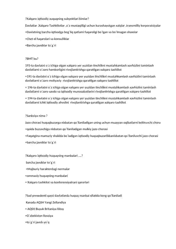 Xalqaro iqtisodiy huquqga oid savol-javob to‘plami