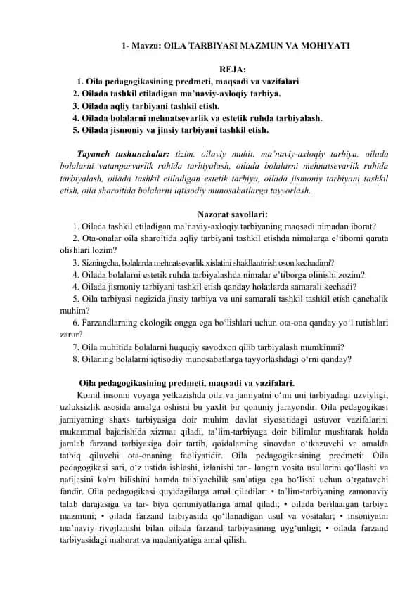 OILA TARBIYASI MAZMUN VA MOHIYATI