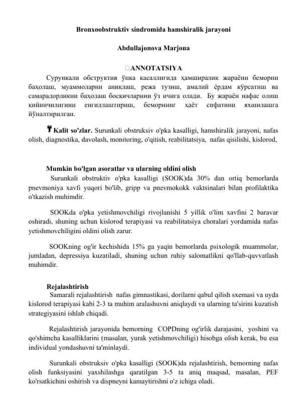 Bronxoobstruktiv sindromida hamshiralik jarayoni