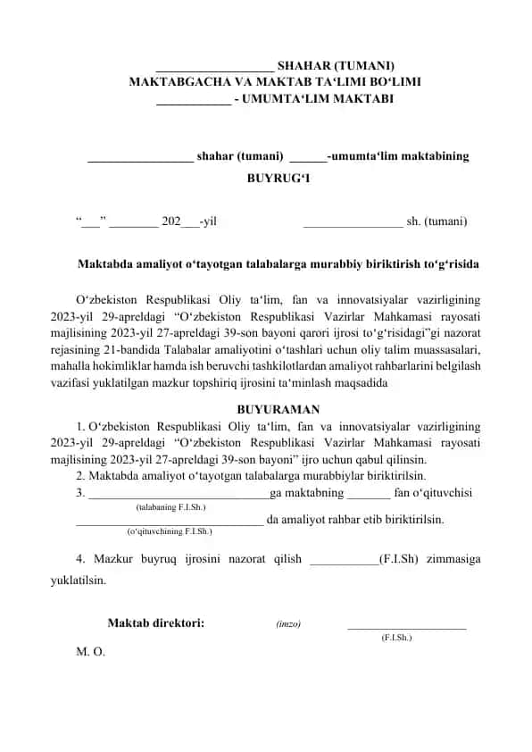 UMUMTAʻLIM MAKTABI BUYRUGʻI