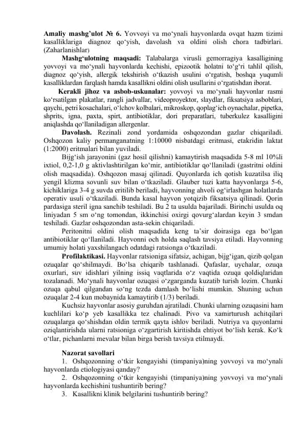Yovvoyi va mo‘ynali hayvonlarda ovqat hazm tizimi kasalliklariga diagnoz qo‘yish, davolash va oldini olish chora tadbirlari