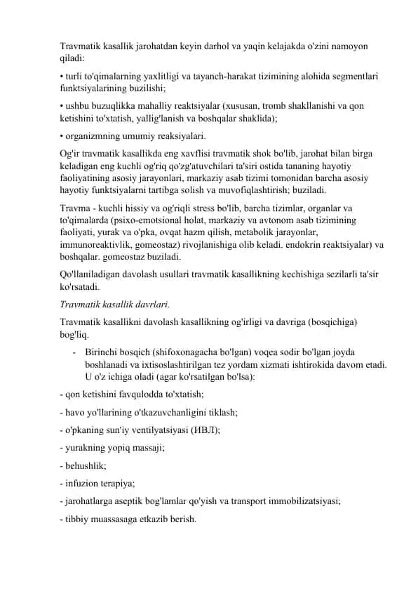 Travmatik kasalliklar jarohatdan keyin