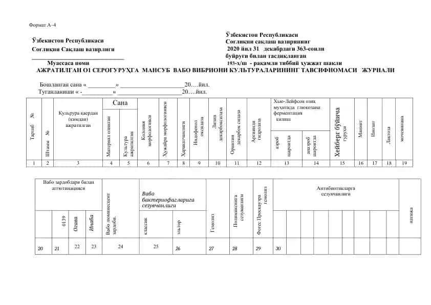 АЖРАТИЛГАН О1 СЕРОГУРУҲГА МАНСУБ ВАБО ВИБРИОНИ КУЛЬТУРАЛАРИНИНГ ТАВСИФНОМАСИ ЖУРНАЛИ
