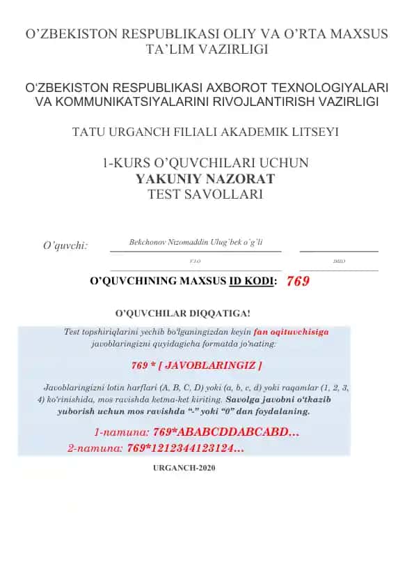 Yakuniy nazorat test savollari