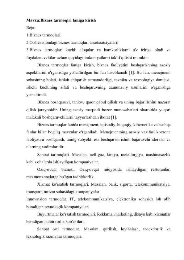 Biznes tarmoqlari faniga kirish