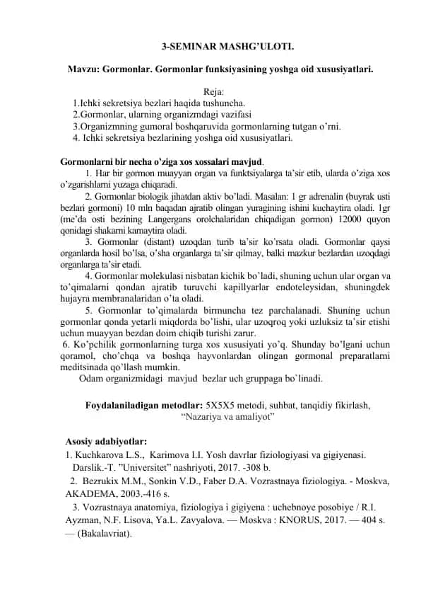 Gormonlar haqida seminar mashg'uloti