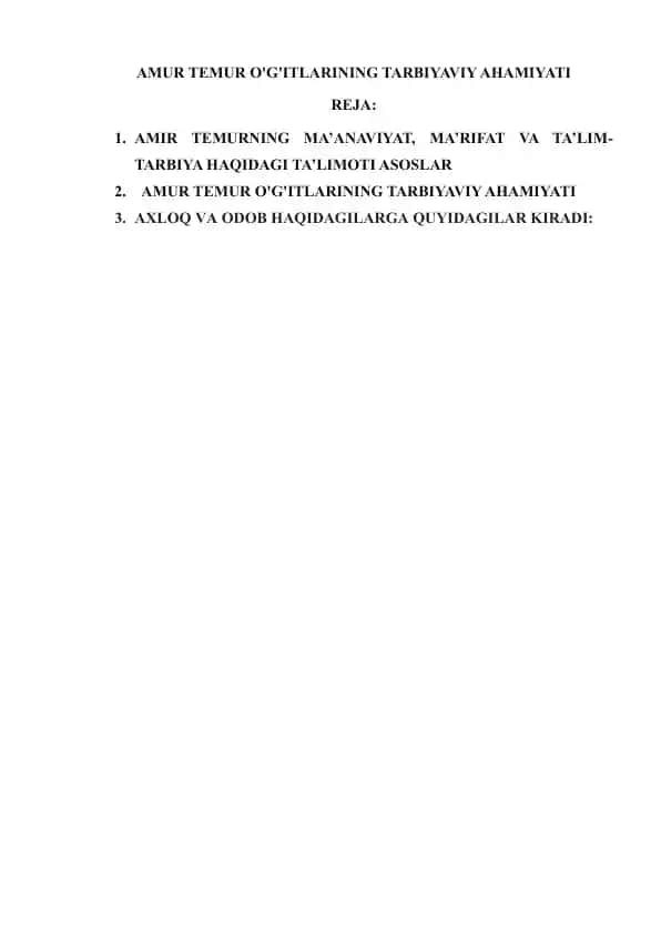 AMUR TEMUR O'G'ITLARINING TARBIYAVIY AHAMIYATI