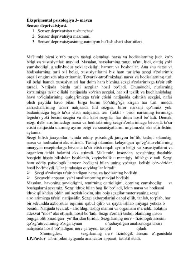 Eksperimental psixologiya 3- mavzu Sensor deprivatsiyasi