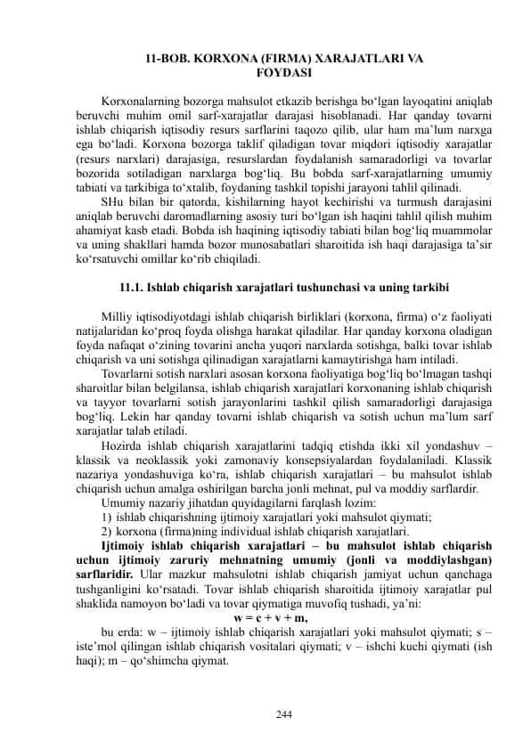 Ishlab chiqarish xarajatlari tushunchasi va uning tarkibi