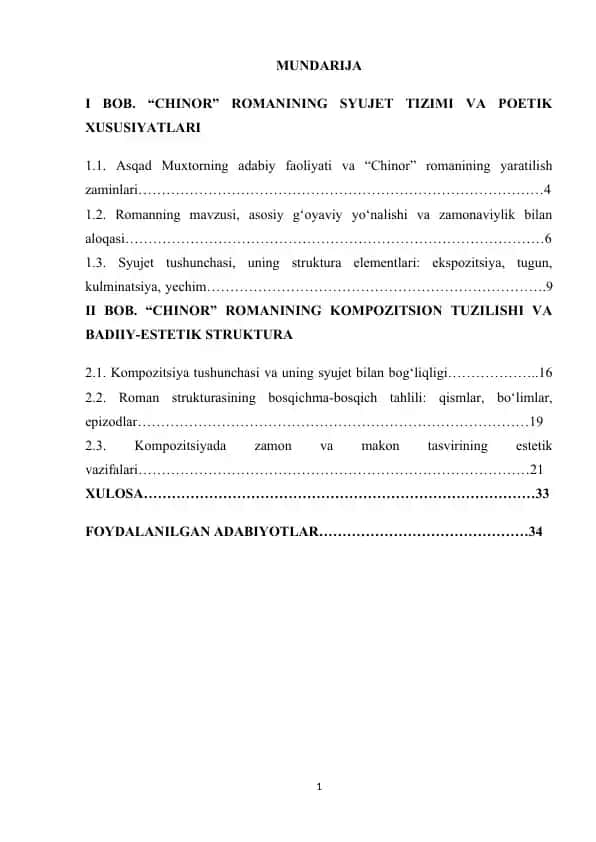 “CHINOR” ROMANINING SYUJET TIZIMI VA POETIK XUSUSIYATLARI