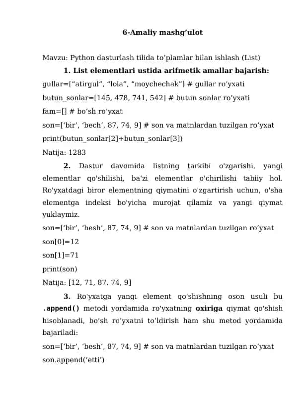Python dasturlash tilida to’plamlar bilan ishlash (List)