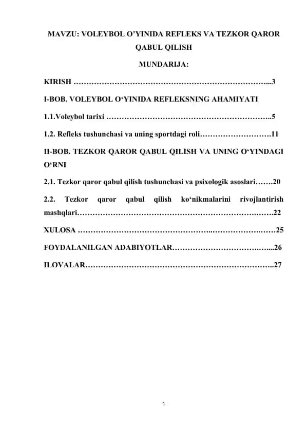 VOLEYBOL O’YINIDA REFLEKS VA TEZKOR QAROR QABUL QILISH
