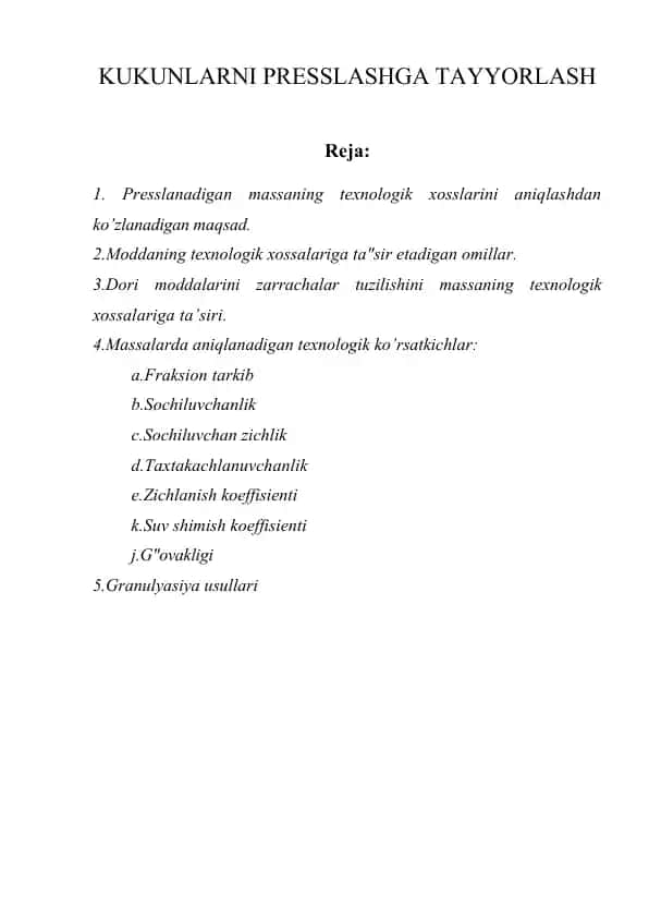 Tabletka ishlab chiqarish amaliyotida substansiyalarni va presslanadigan massalarni fizik-kimyoviy vatexnologik xossalarini o’rganish