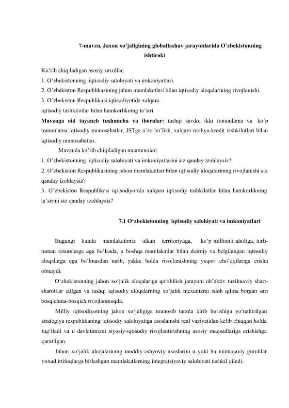 O'zbekistonning Jahon Xo'jaligining Globallashuv Jarayonlarida Ishtiroki