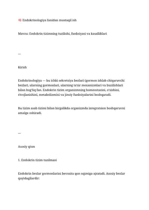 Endokrinologiya fanidan mustaqil ish