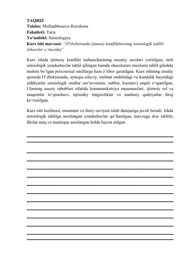 Kurs ishi - "O'zbekistonda ijtimoiy konfliktlarning sotsiologik tahlili (shaxslar o‘rtasida)"