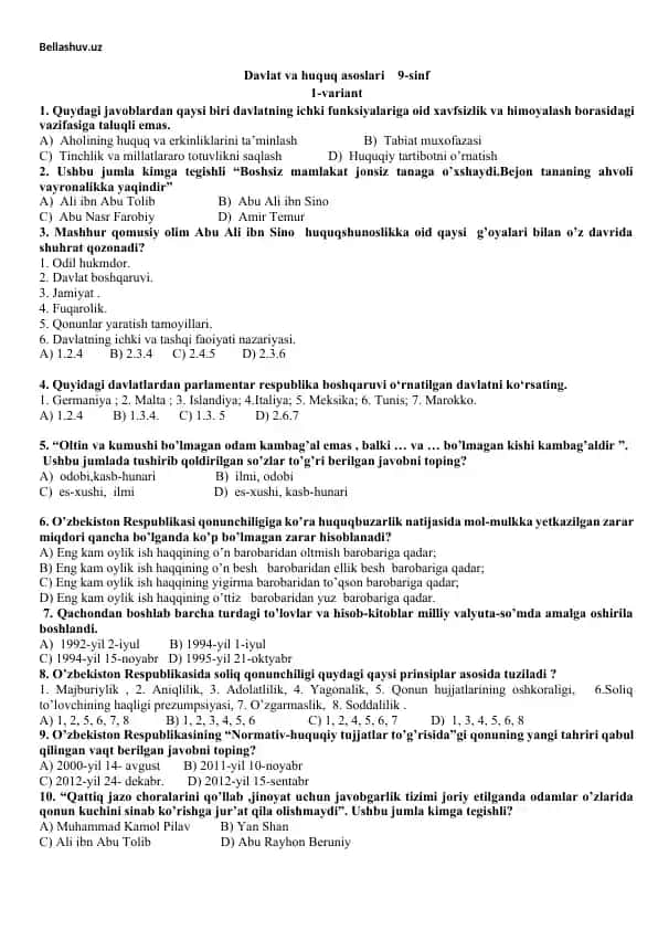 Davlat va huquq asoslari 9-sinf 1-variant
